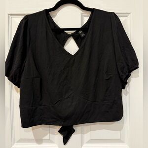 Black Tie-Back Cropped Blouse with Open Back and Puff Sleeves